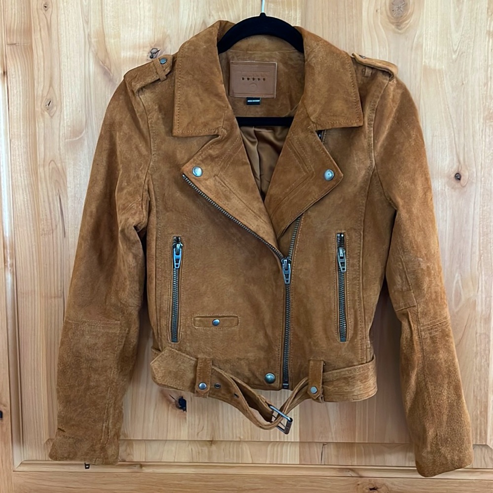 BLANKNYC Women's Cropped Suede Leather Motorcycle Jacket, Light Brown, Size S